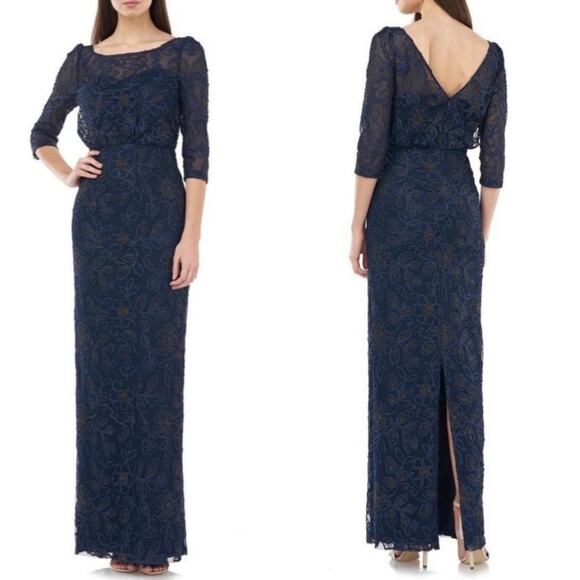 Js Collections Navy Blue & Gold Soutache Floral Quarter Sleeve Column Gown 8 - Picture 1 of 14